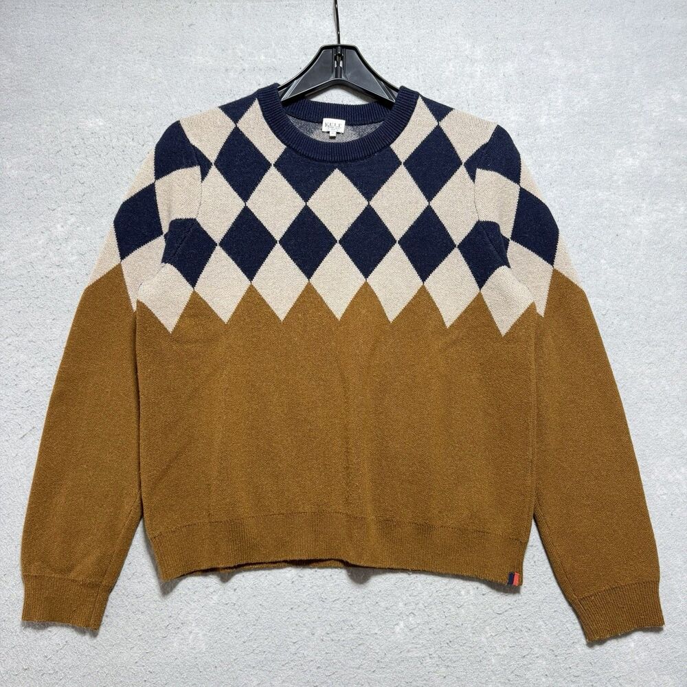 Kule Sweater Argyle Crewneck Brown Navy Blue Women’s Medium Wool Cashmere Blend